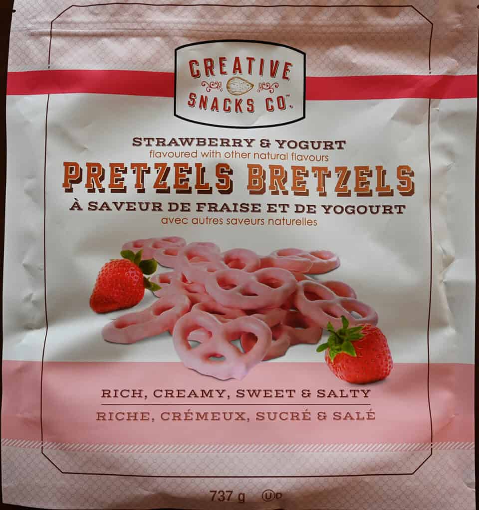 Close up image of the front of the bag of the strawberry covered pretzels.
