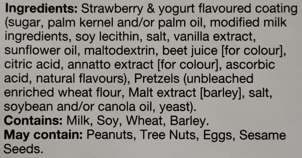 Image of the strawberry & yogurt pretzel ingredients from the package.