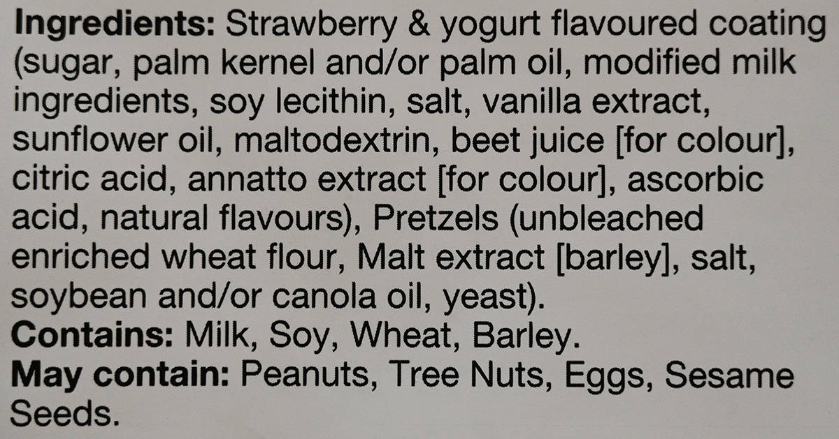 Image of the ingredients list label for the pretzels from the back of the bag.