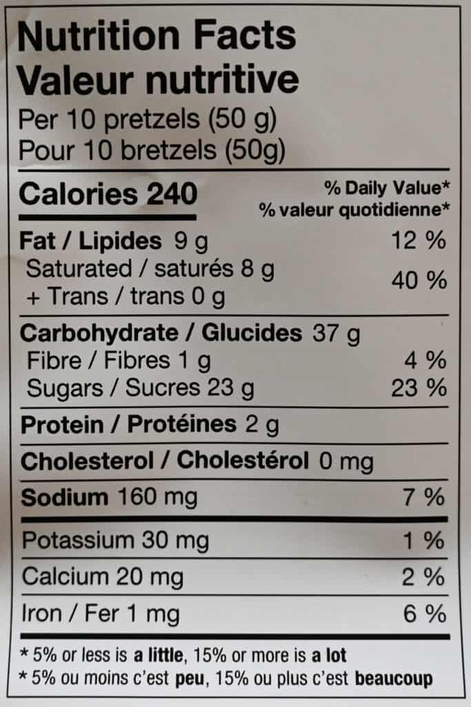 Closeup image of the nutrition facts label for the strawberry & yogurt pretzels from the bag.