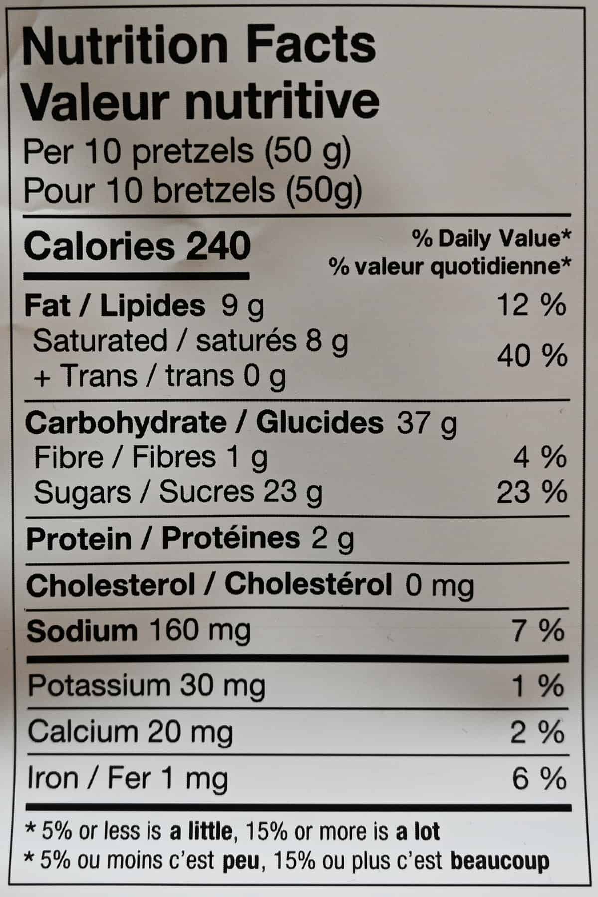Image of the nutrition facts label for the pretzels from the bag.