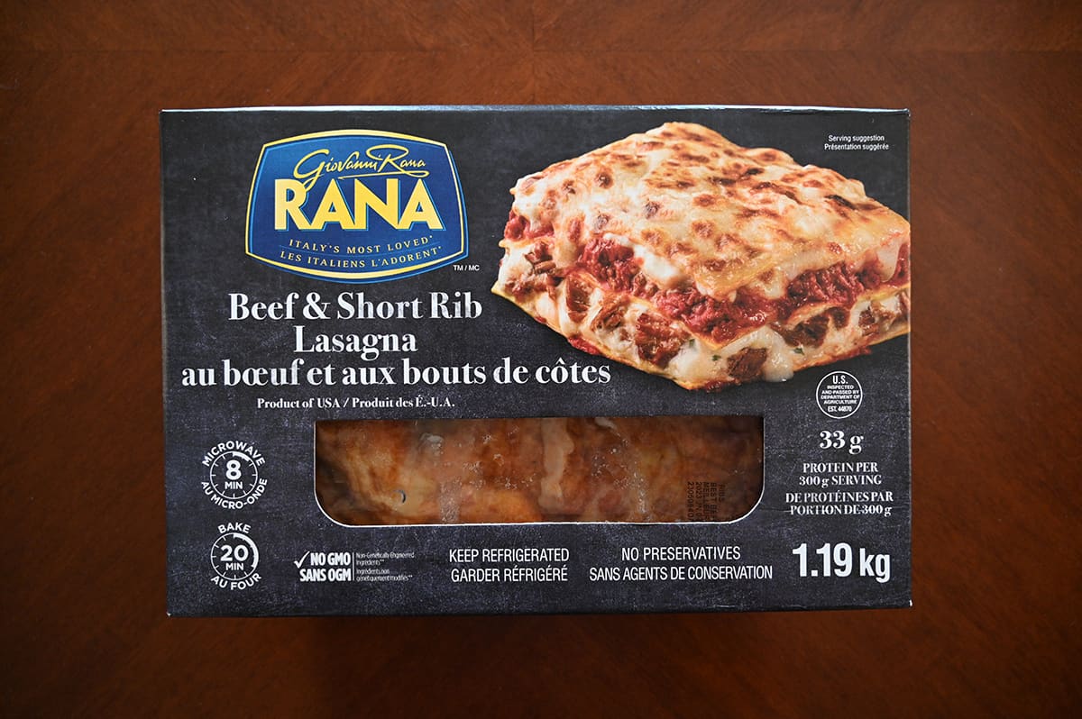 Image of the Costco Rana Beef & Short Rib Lasagna package sitting on a table.