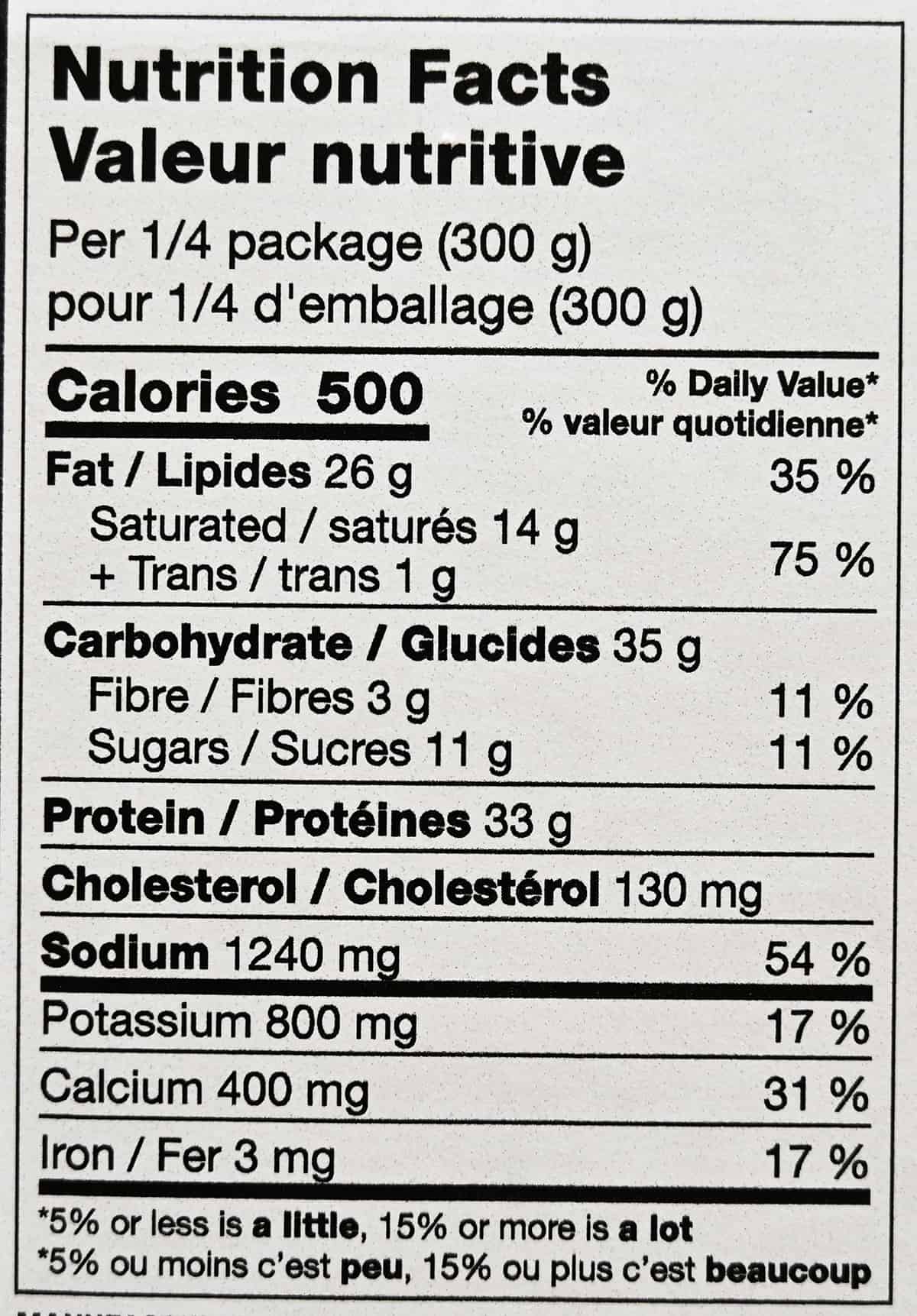 Image of the nutrition facts from the back of the package.