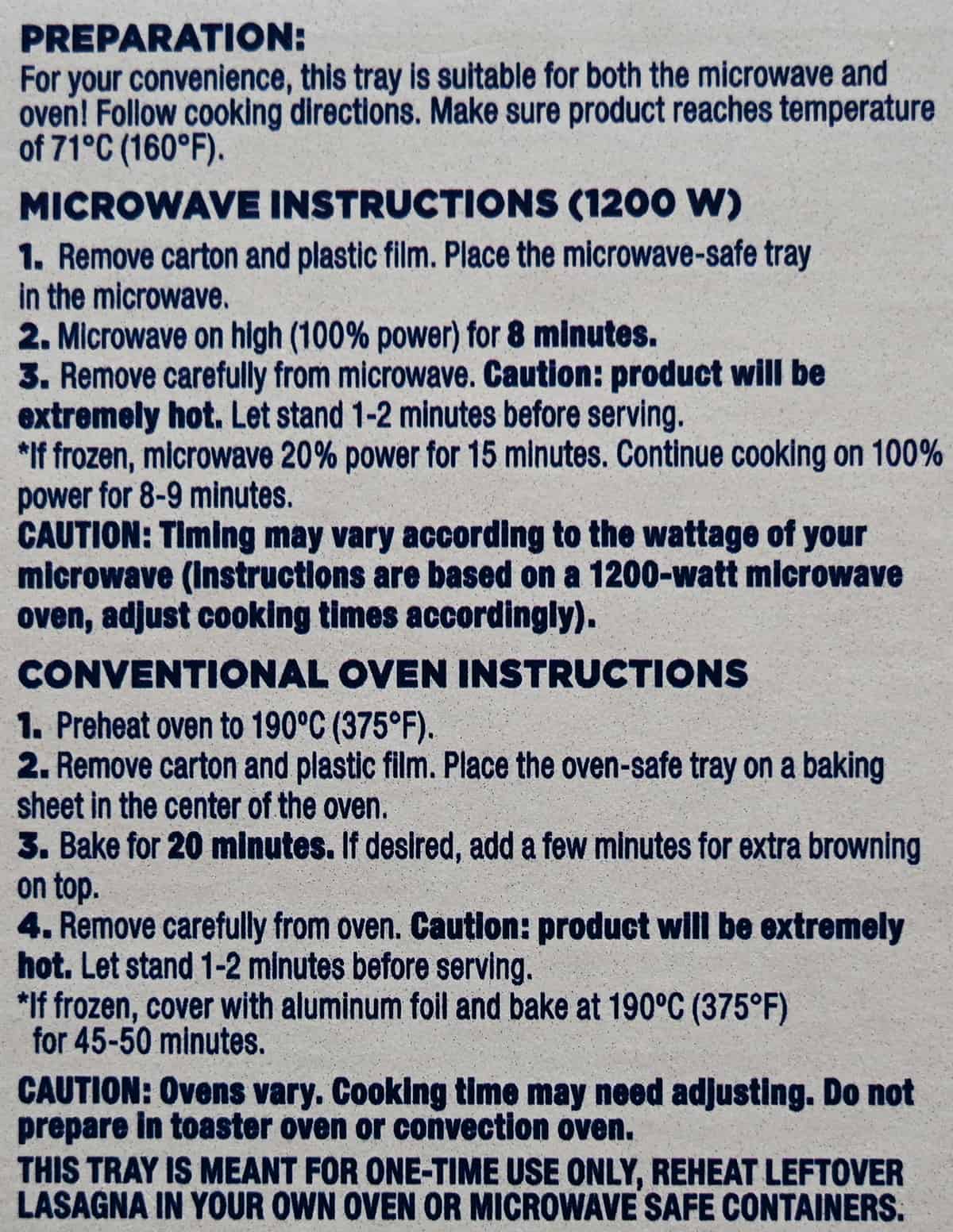 Image of the cooking instructions for the lasagna from the back of the package.