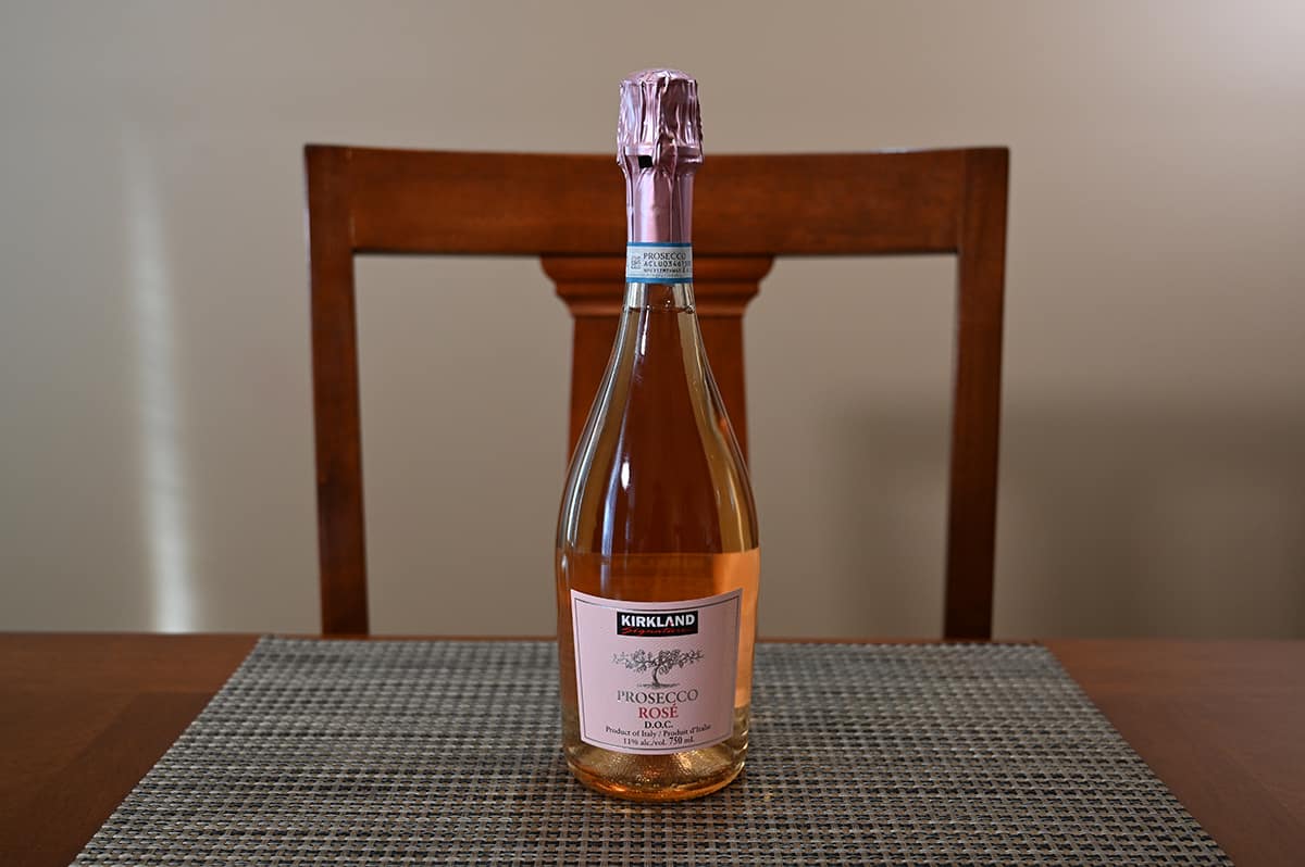 Image of a bottle of Costco Kirkland Signature Prosecco Rose sitting on a table.