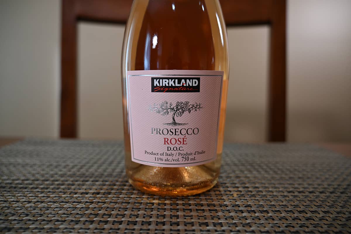 Closeup image of the front label of the bottle of rose prosecco.