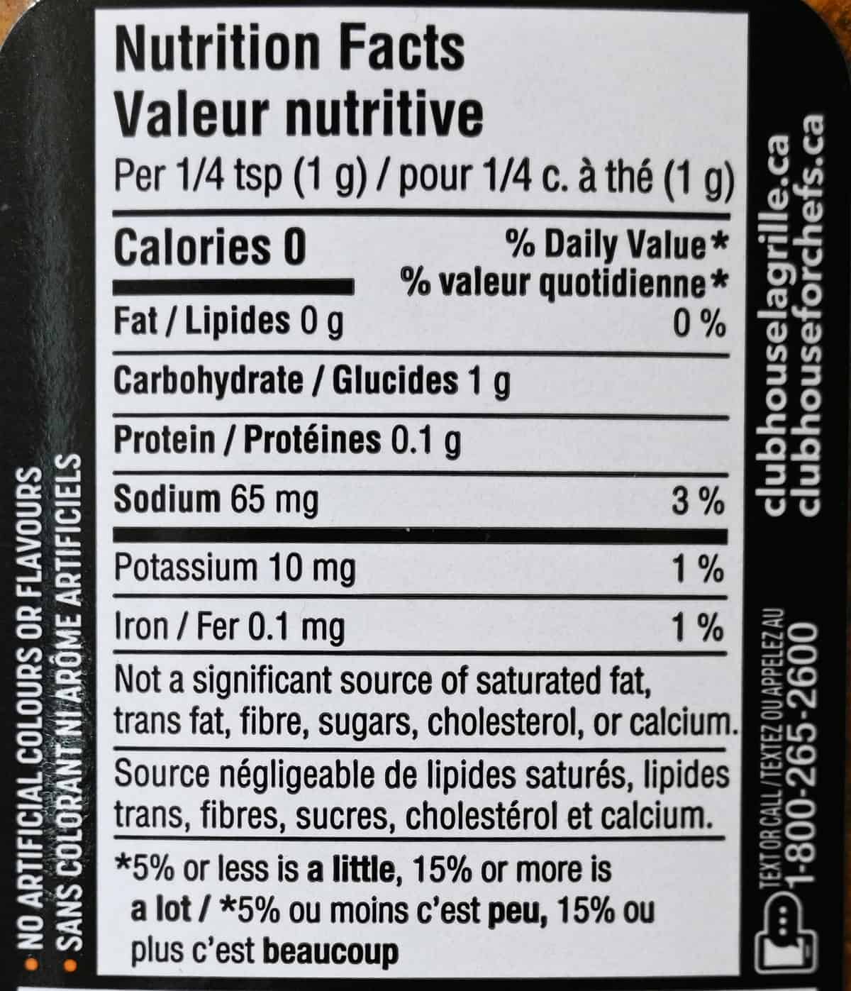 Image of the nutrition facts for the seasoning from the back of the container.