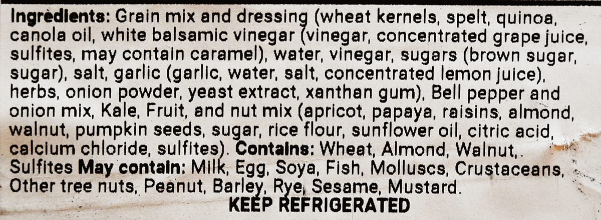 Image of the ingredients list for the salad from the container.