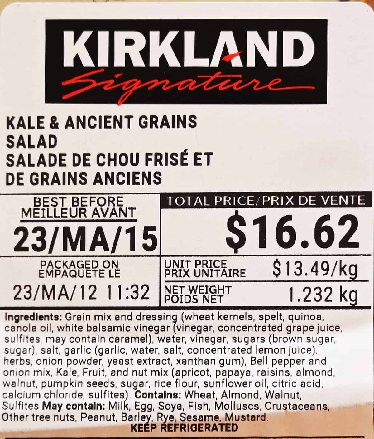 Closeup image of the front label on the salad showing best before date and cost.