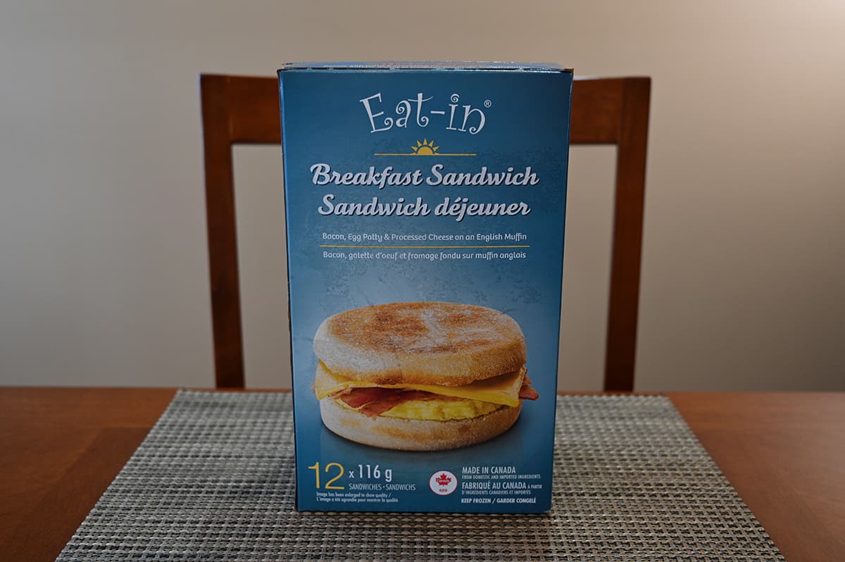 Image of the Costco Eat-in Breakfast Sandwich box sitting on a table.