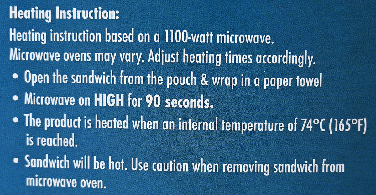 Image of the heating instructions for the breakfast sandwiches from the back of the box.