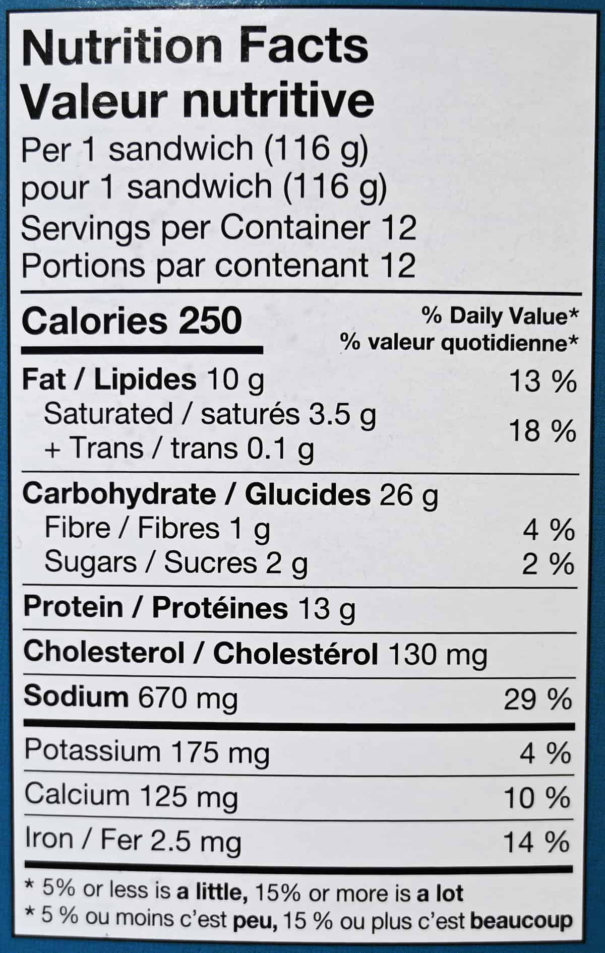 Image of the nutrition facts for the breakfast sandwiches from the back of the box.