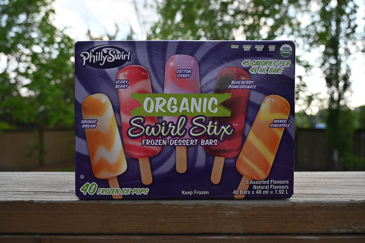 Photo of the box of PhillySwirl Organic Swirl Stix outside.