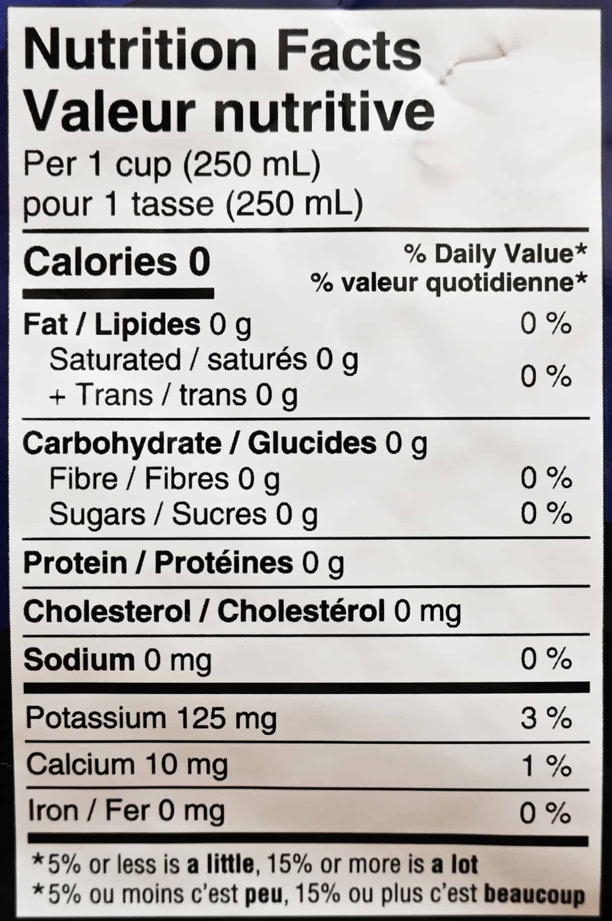 Image of the nutrition facts for the coffee beans from the back of the bag.