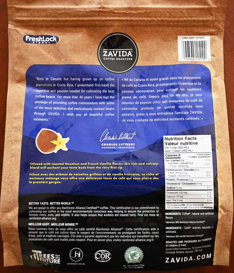 Zavida Hazelnut Vanilla Whole Bean Coffee - 907g/2LB Bags - 4 Pack - Medium Roast Organic
