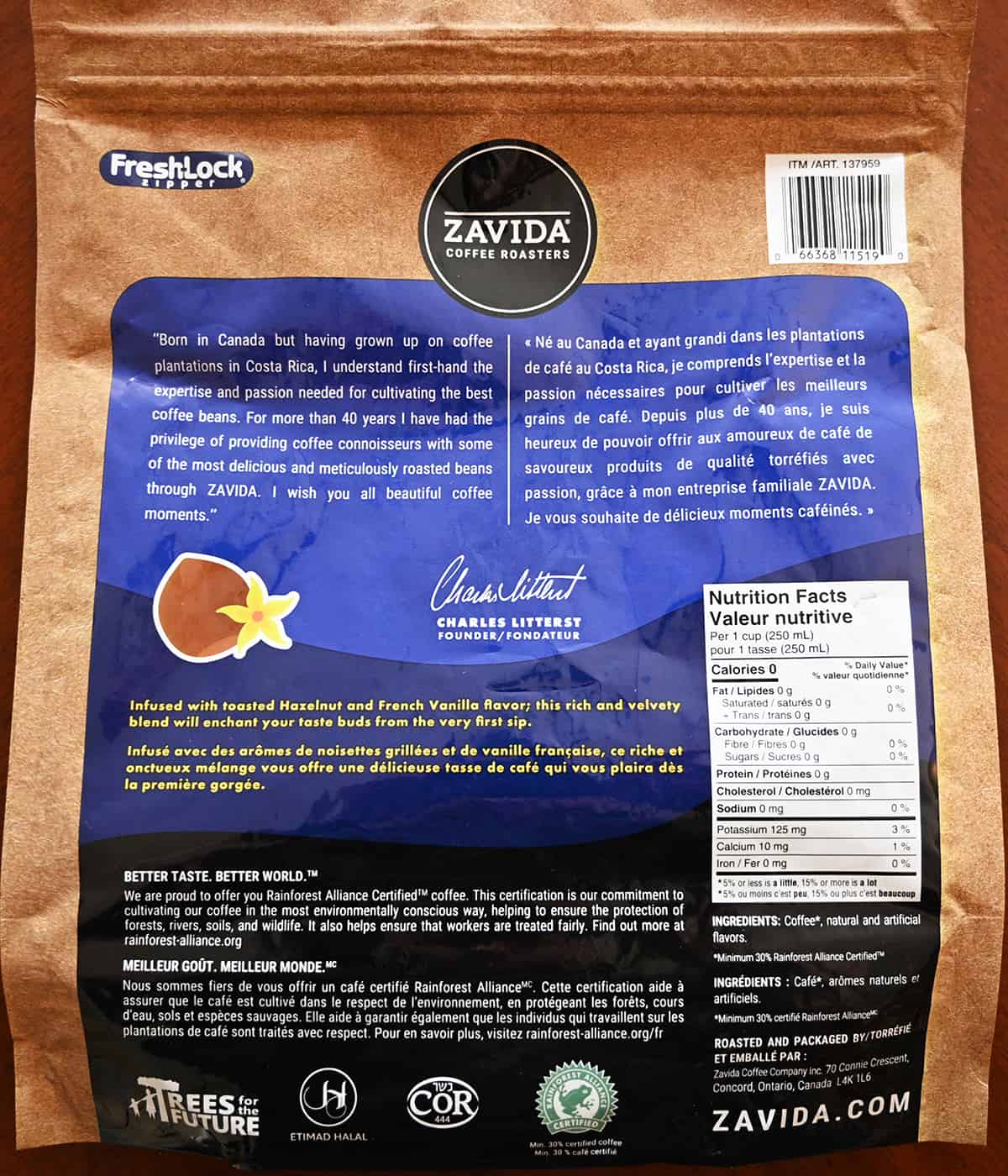 Image of the back of the bag of coffee beans showing the product description.