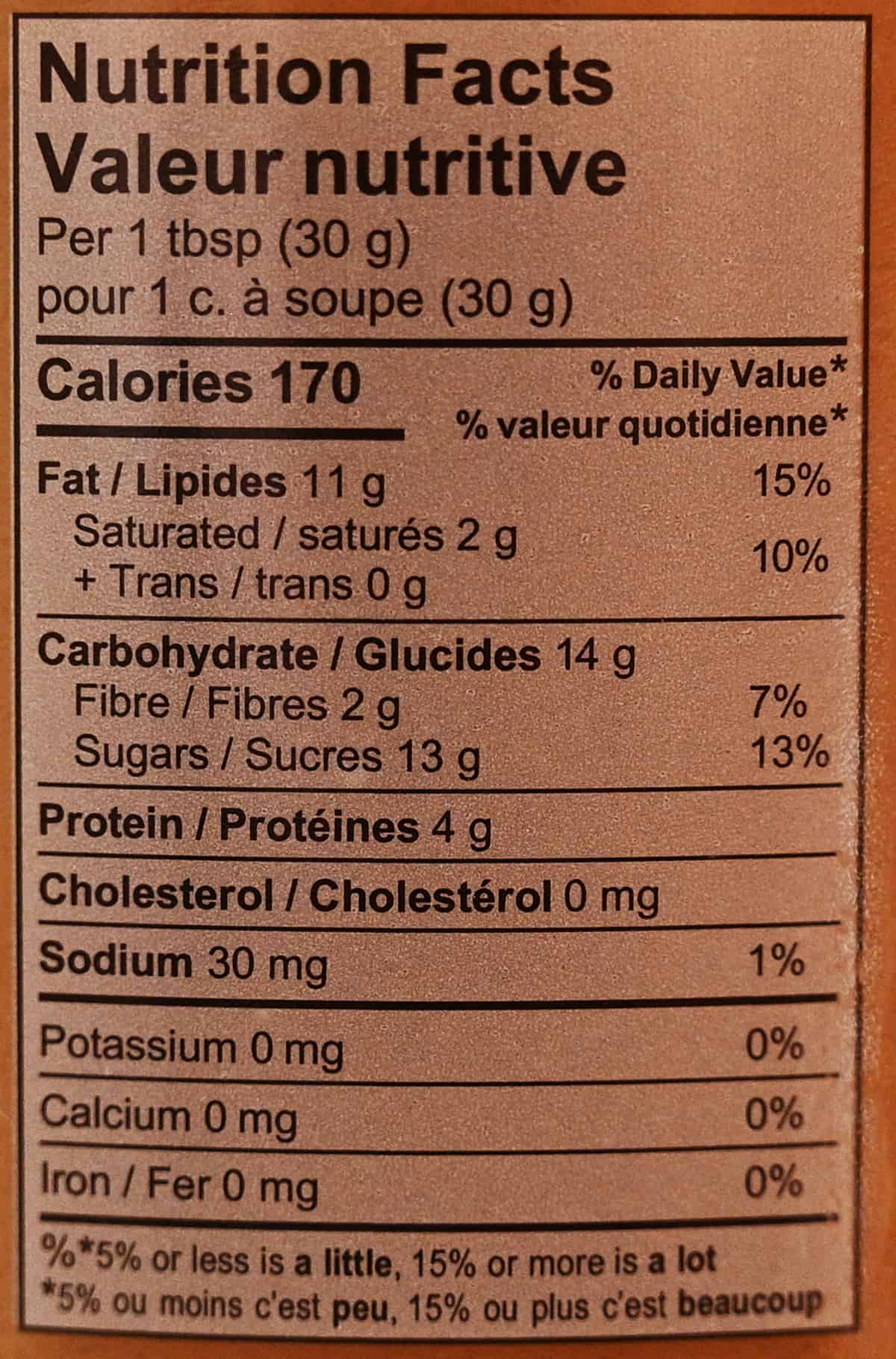 Image of the nutrition facts for the almond cream from the back of the jar.