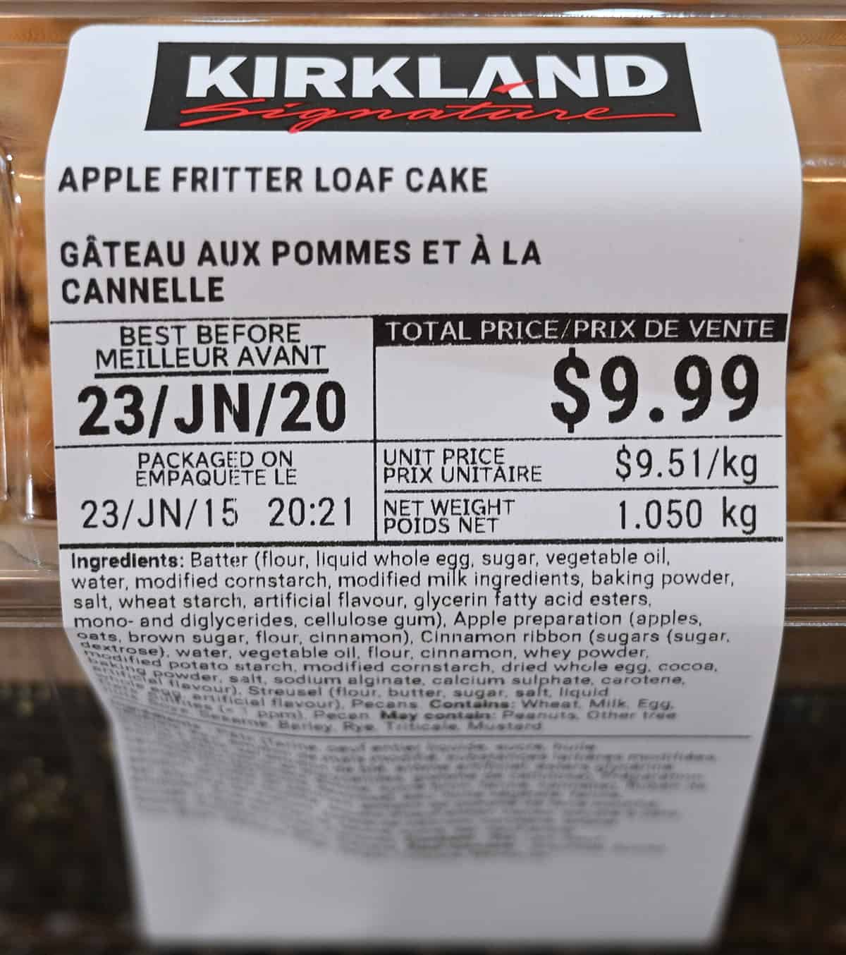 Image of the front label on the Costco apple fritter loaf showing the price, best before date and ingredients.