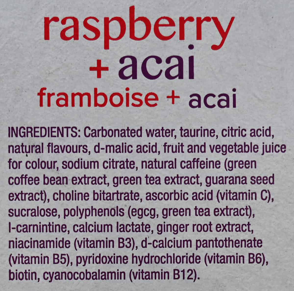 Image of the raspberry acai ingredients list from the box.