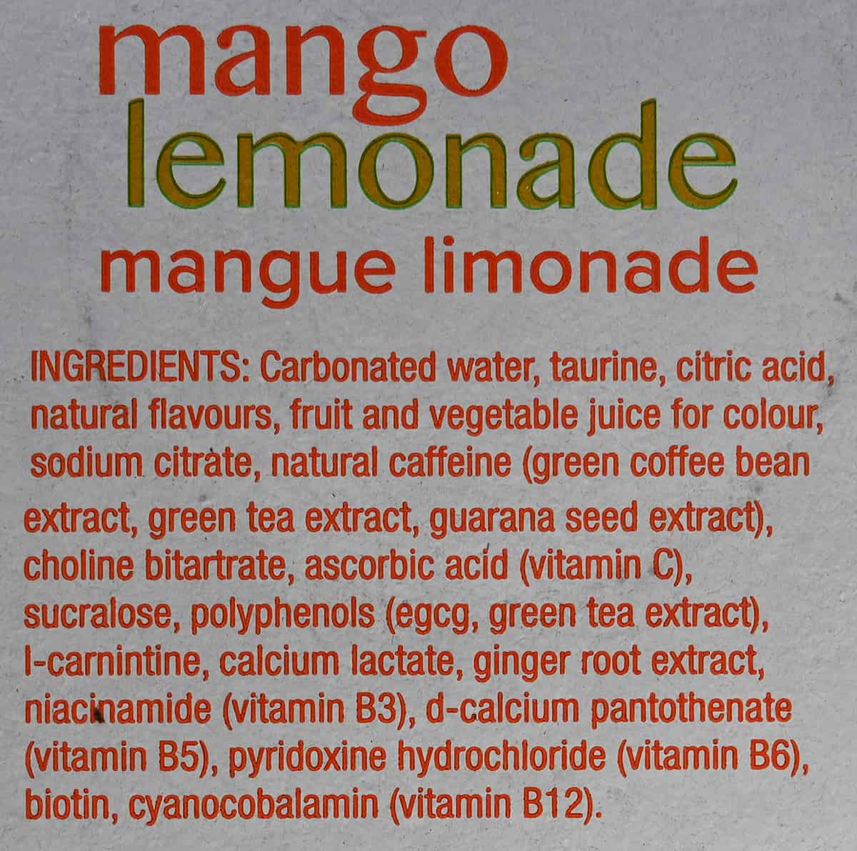 Mango lemonade ingredients list from the box.