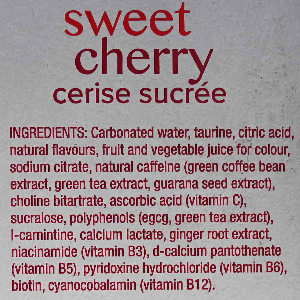 Image of the sweet cherry ingredients list from the box.