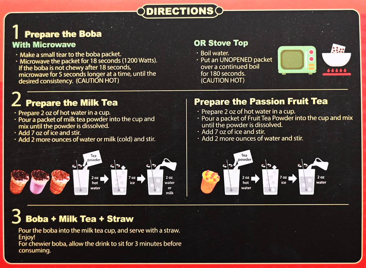 Image of the directions on how to prepare the boba milk tea from the back of the box.