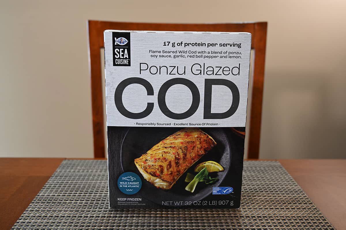 Costco High Liner Sea Cuisine Ponzu Glazed Cod box sitting on a table.