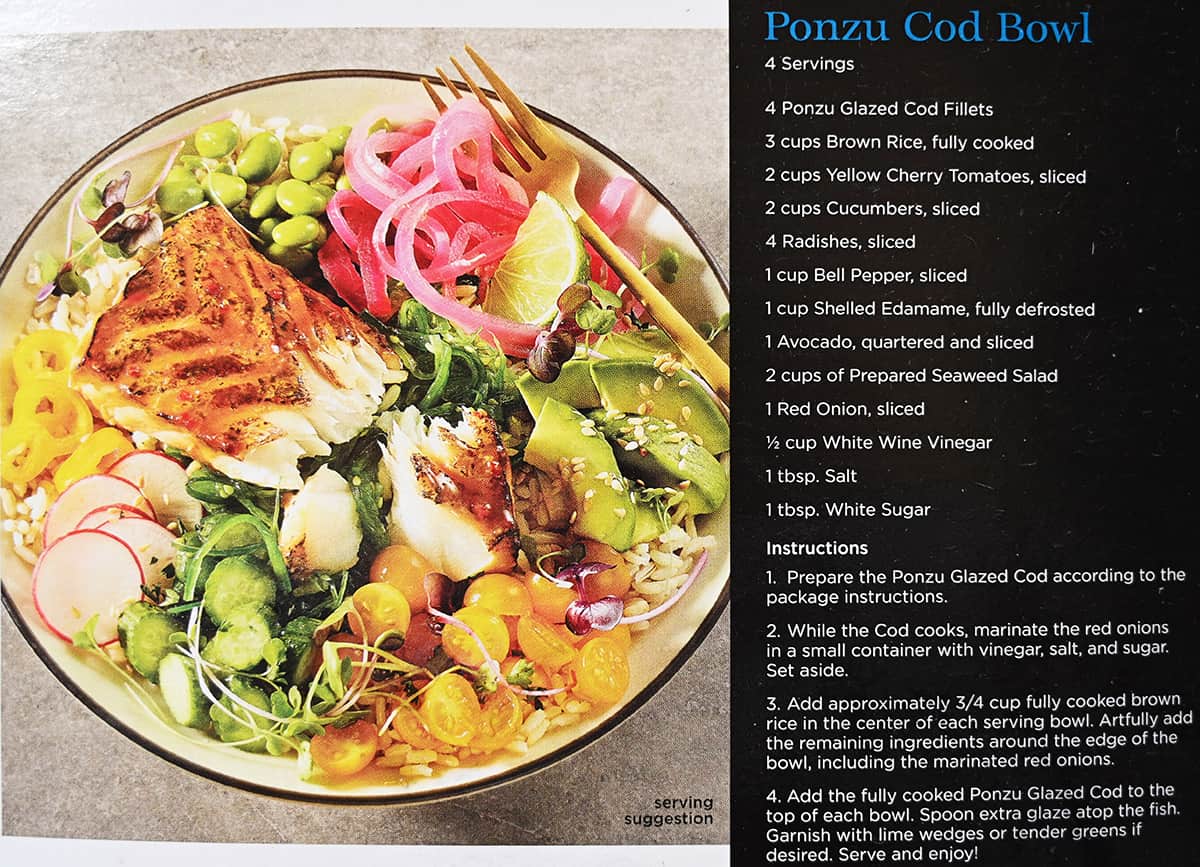 Image of a recipe for a Ponzu Cod Bowl from the back of the box.