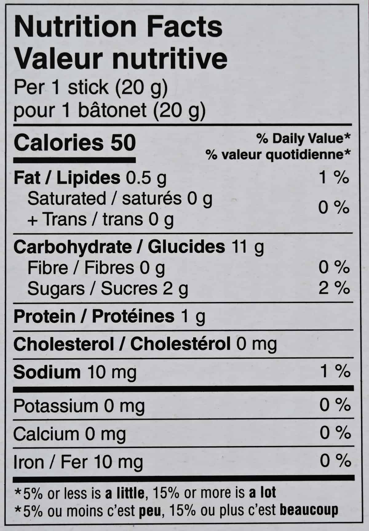 Image of the nutrition facts for the jelly sticks from the back of the box.