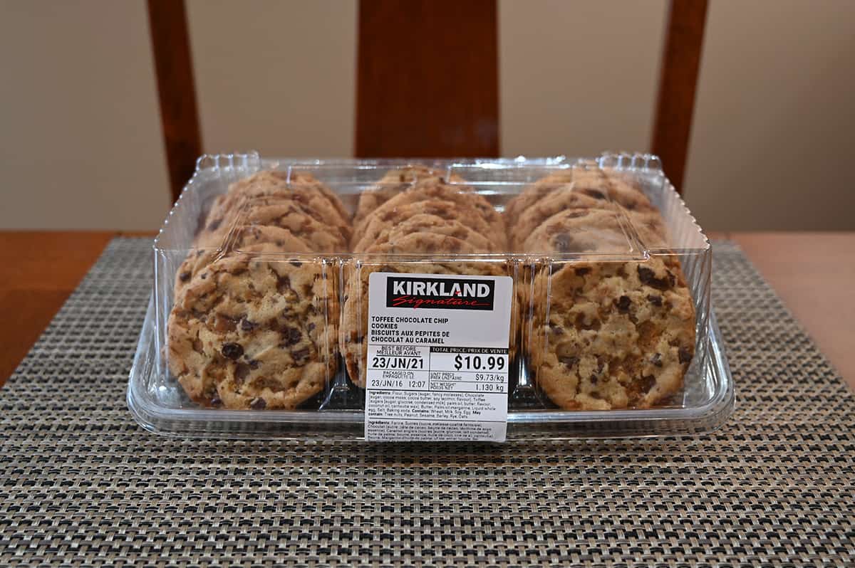 Image of the Costco Kirkland Signature Toffee Chocolate Chip Cookies in the package, sitting on a table.