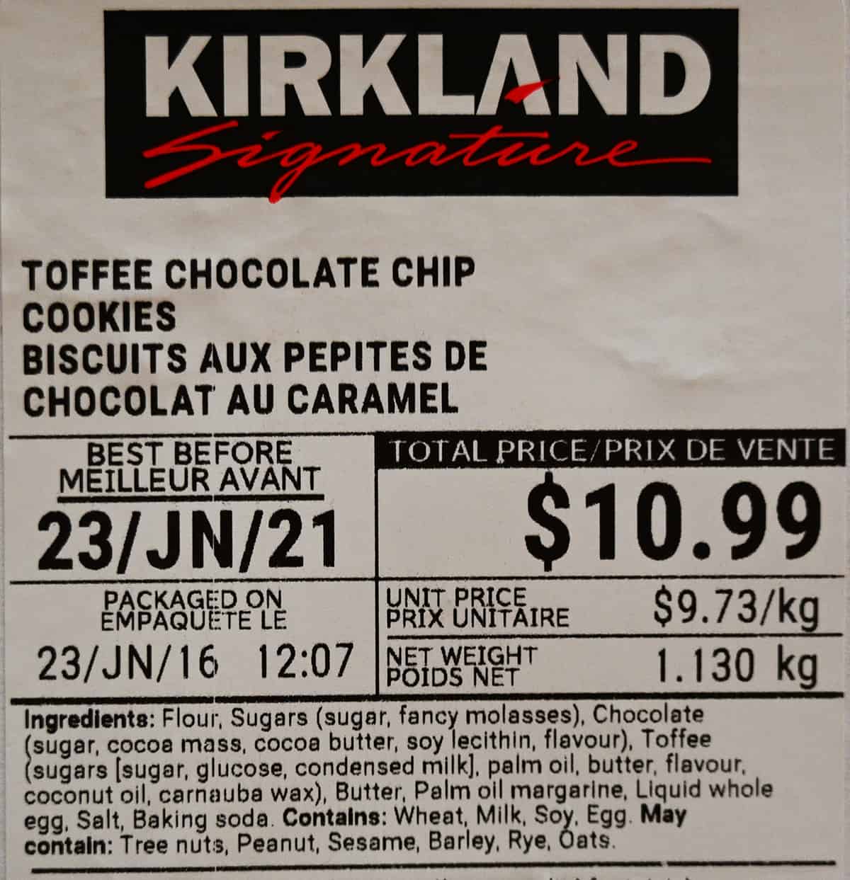 Closeup image of the front label of the cookies showing the best before date and cost.