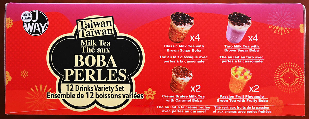 Image if the back of the milk tea boba box showing the different flavors and how much of each are in the box.