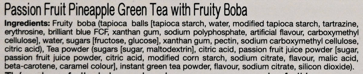 Passion fruit pineapple green tea with fruity boba ingredients from the back of the box.