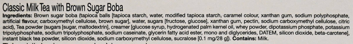 Classic milk tea brown sugar boba ingredients list from the back of the box.