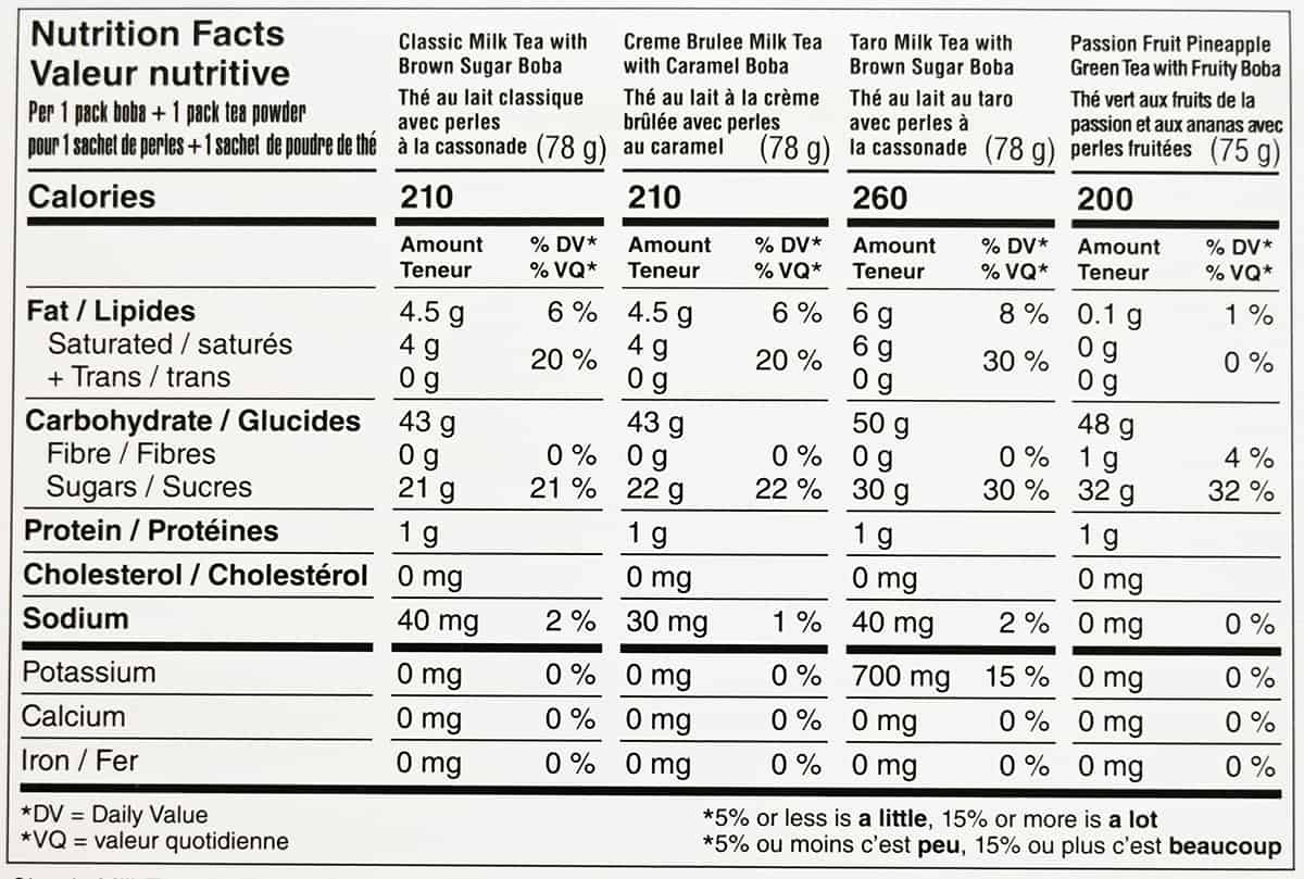 Image of the nutrition facts for the boba milk tea from the back of the box.