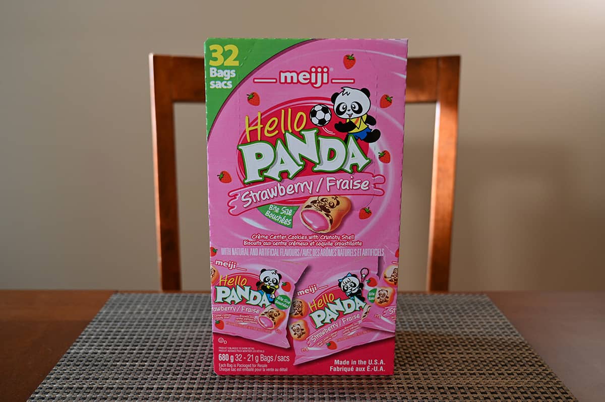 Image of the Costco Meiji Hello Panda Cookies box sitting on a table.