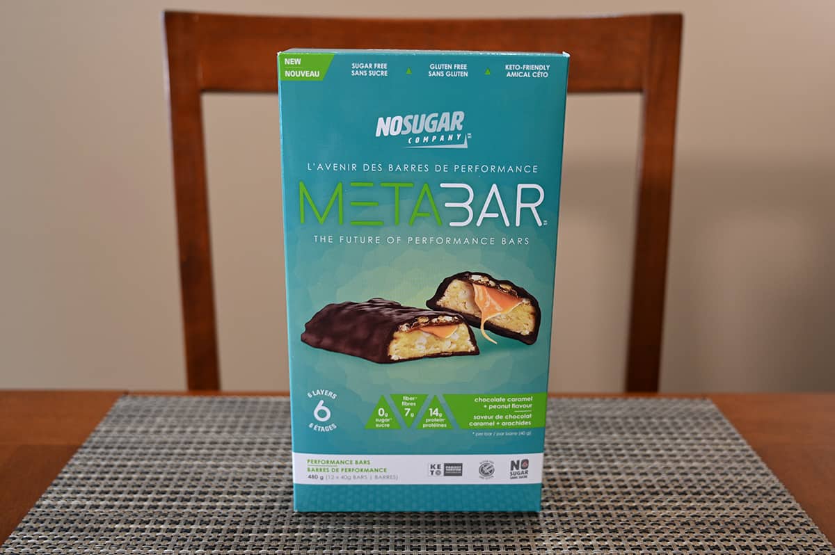 Image of the Costco No Sugar Company MetaBar box sitting on a table.