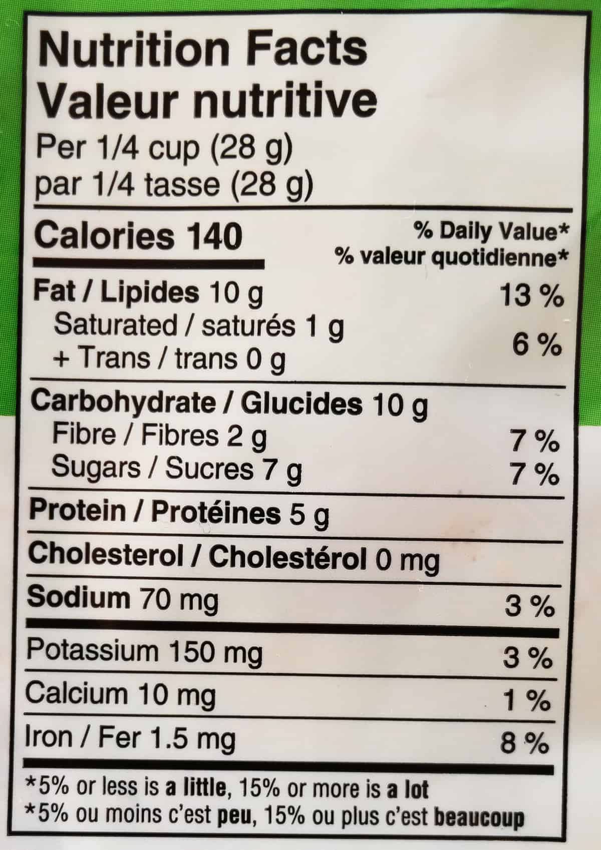 Image of the nutrition facts label from the back of the bag.
