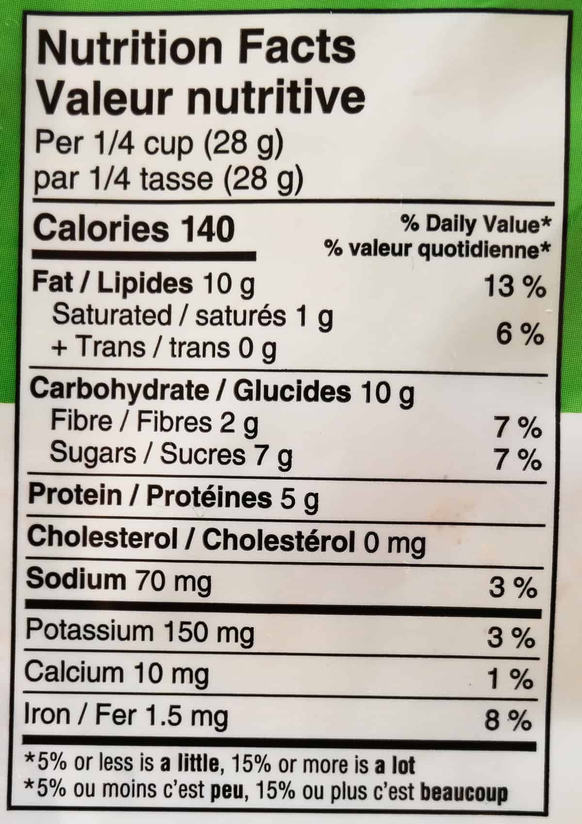 Image of the nutrition facts label from the back of the bag.