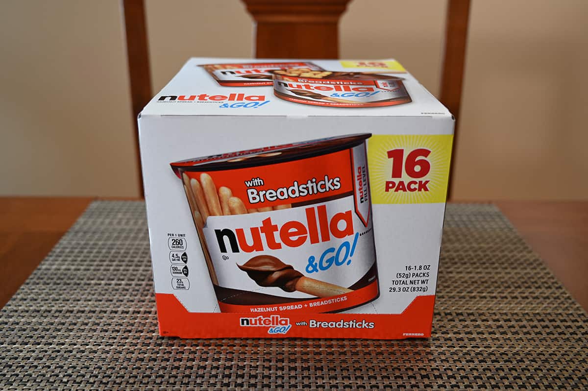 Image of the Costco Nutella & Go with Breadsticks box sitting on a table. 