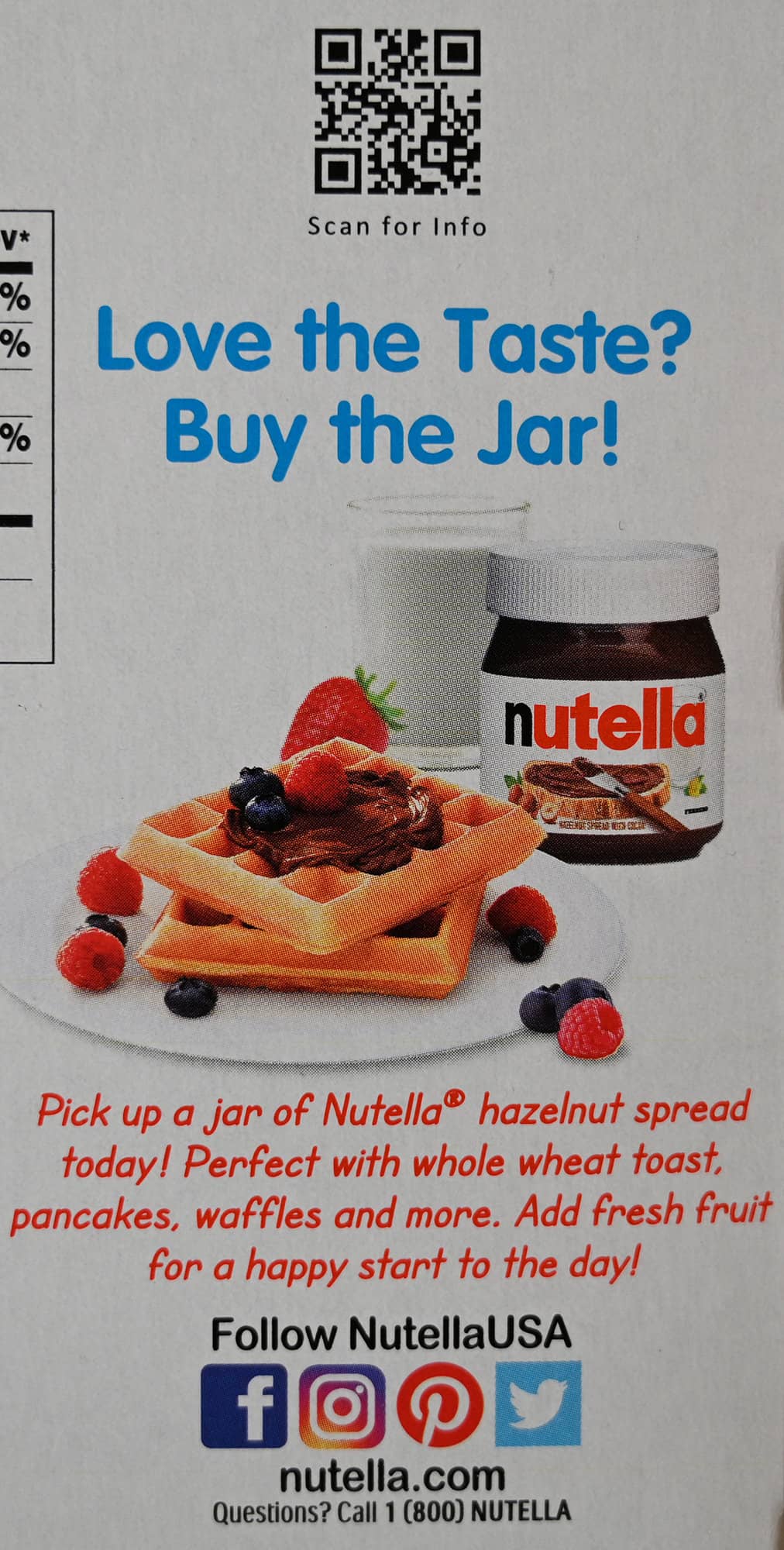 Image of the back of the box showing the QR code for more information and showing you can pickup a jar of Nutella if you love the taste of the Nutella & Go.