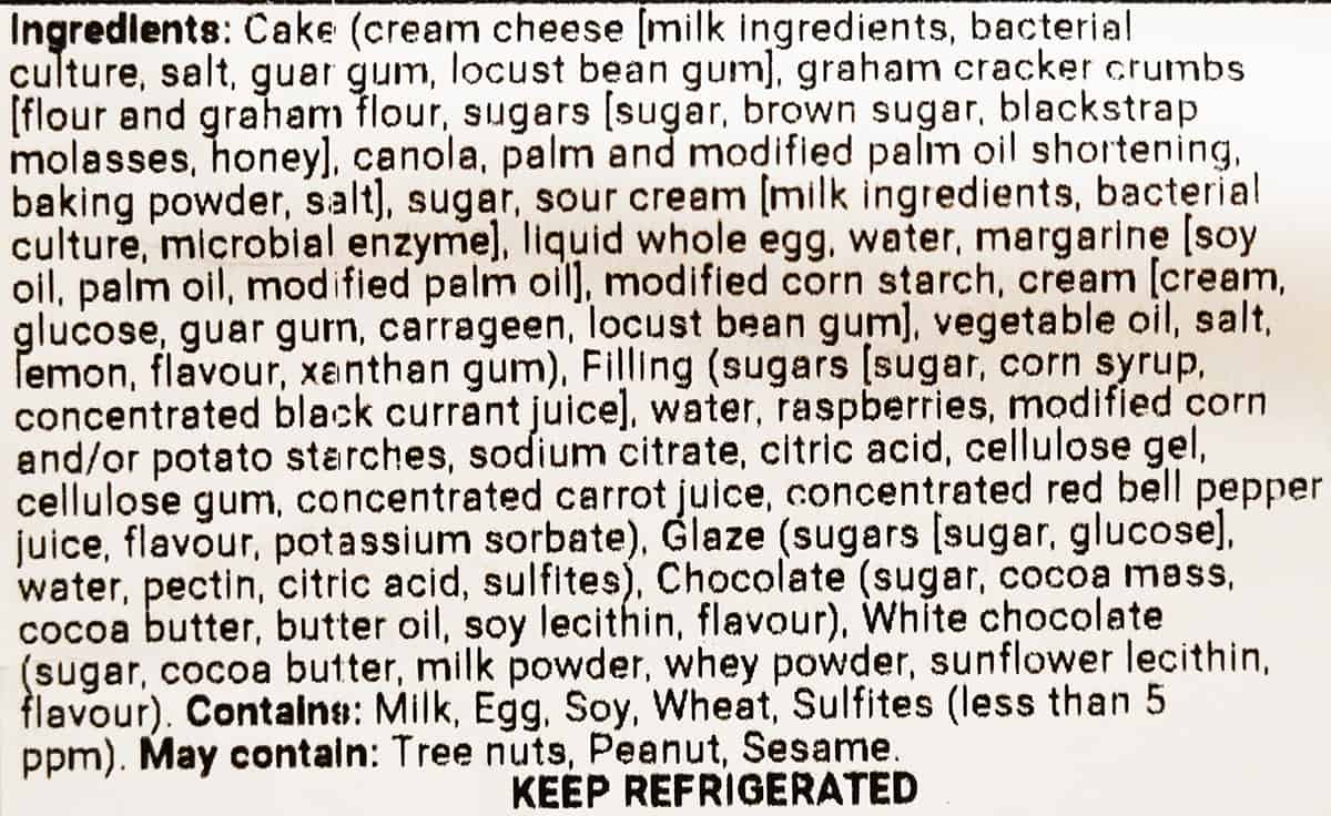 Image of the ingredients list from the cheesecake container.