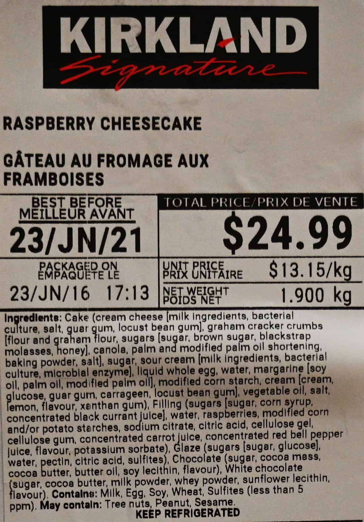 Image of the label from the front of the cheesecake showing the price, best before date and ingredients.