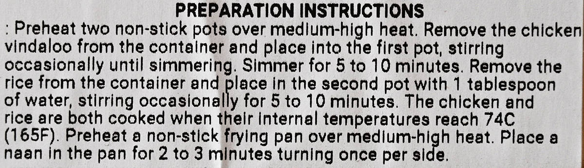 Image of the preparation instructions for the vindaloo from the container.