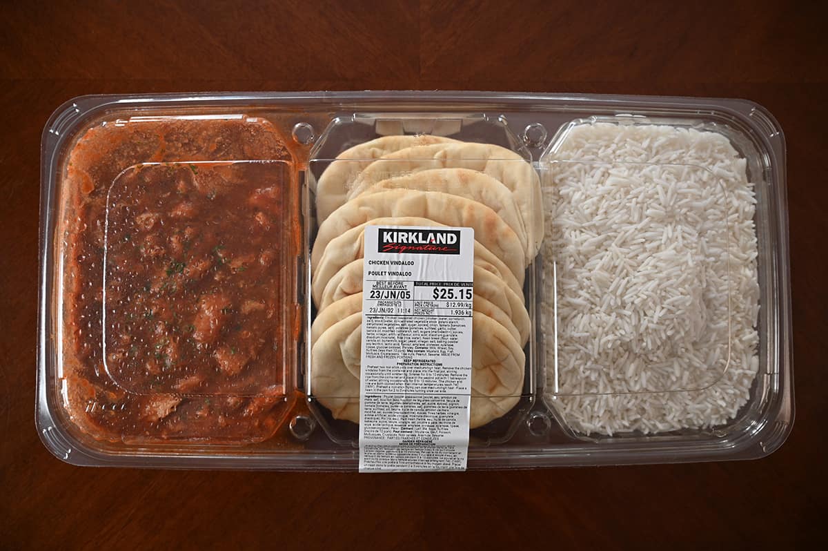 Top down image of the Costco Kirkland Signature Chicken Vindaloo package unopened.