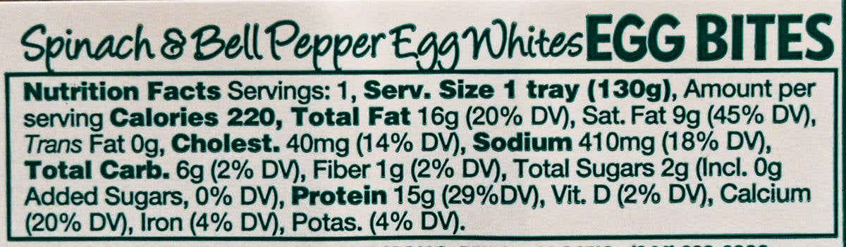 Image of the spinach & bell pepper egg white bites nutrition facts from the package.