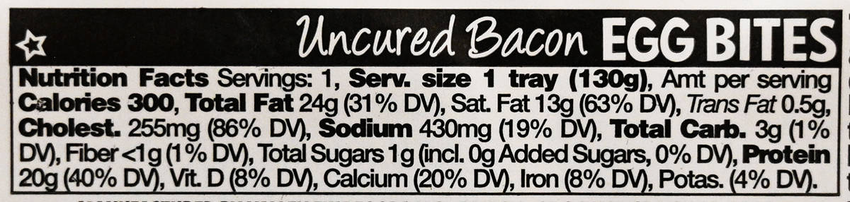 Image of the uncured bacon egg bites nutrition facts from the package.