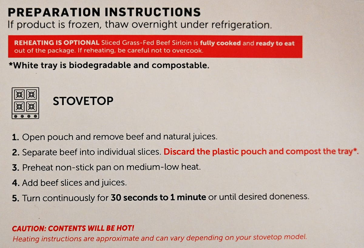 Preparation instructions for the beef sirloin from the back of the package.