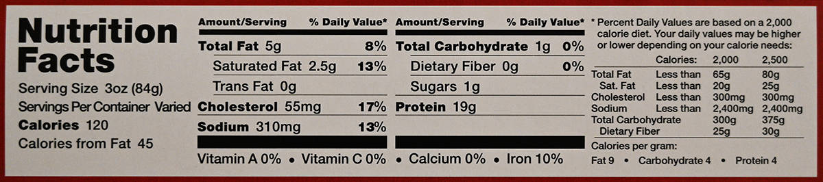 Image of the nutrition facts for the sirloin from the back of the package.