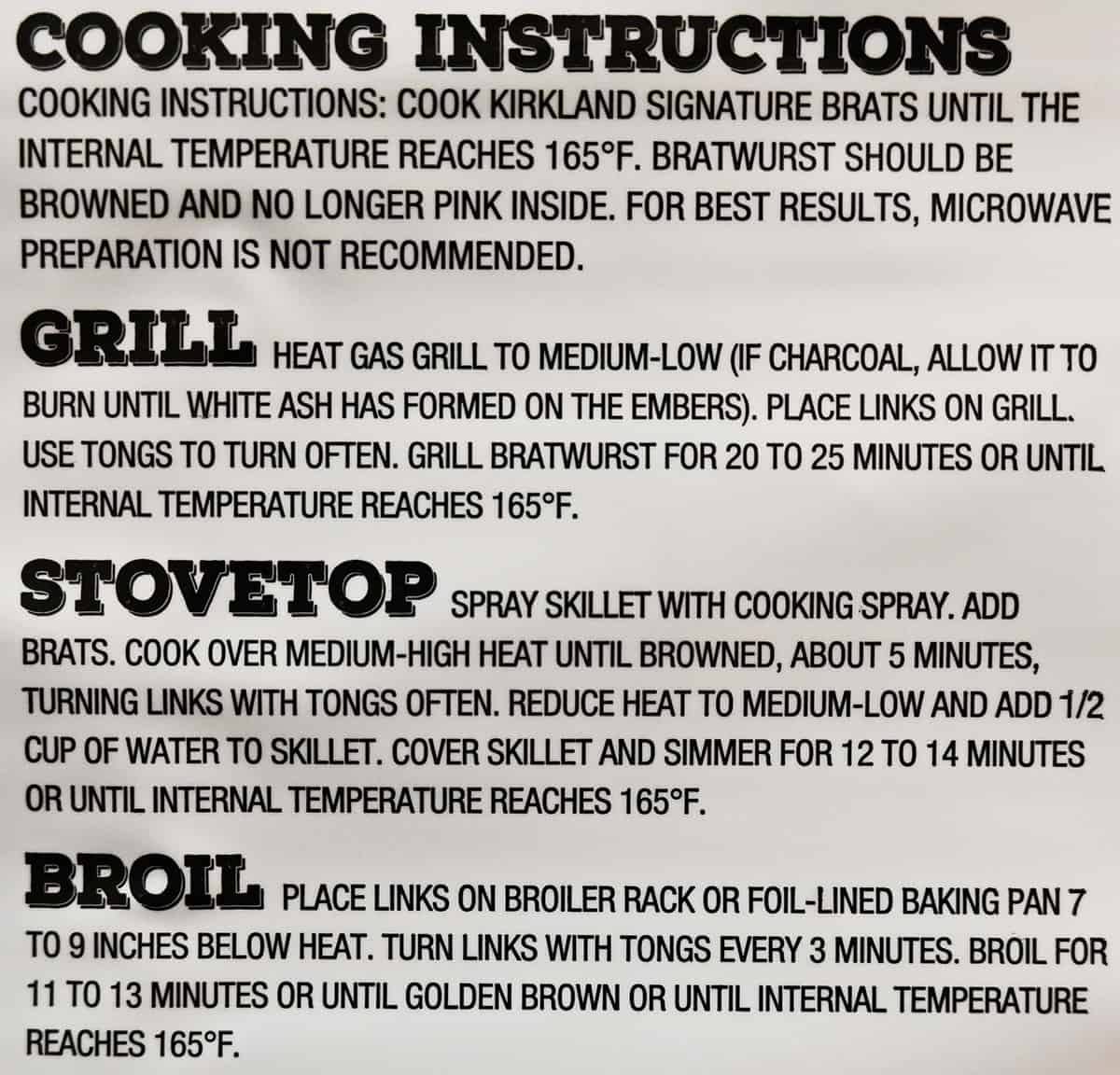 Image of the cooking instructions for the brats from the back of the package.